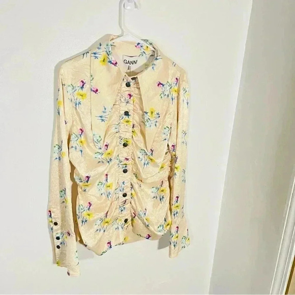 NWT GANNI Yellow Floral Satin Blouse Ruched Crinkled Button Front Top - Picture 8 of 11